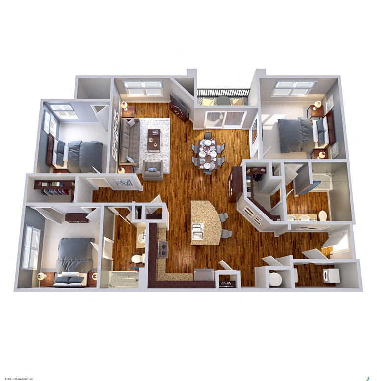 Floor plan for 3 beds, 2 baths, 1323 sqft